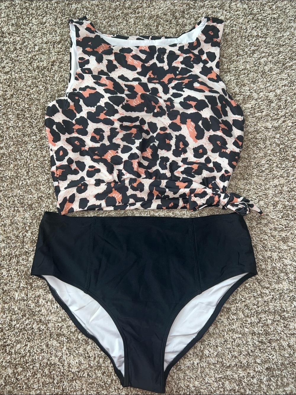 NWOT Sporty Leopard Print Tankini Top and Black High-Waist Bottoms - Size XL